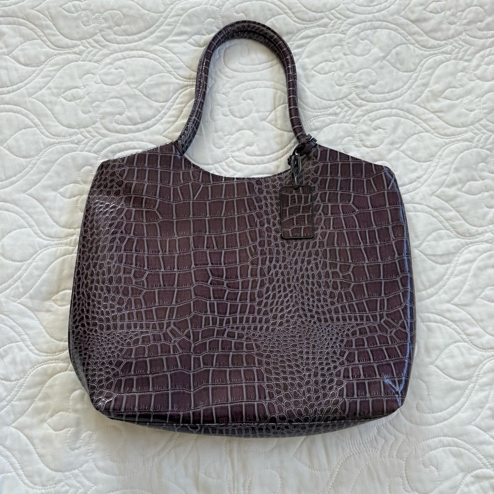 Neiman Marcus Crocodile-Embossed Shoulder Tote Bag Lined Rich Purple NWOT